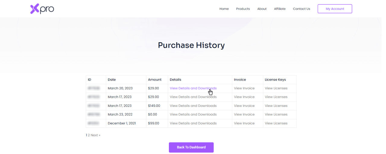 View details and download - Xpro  dashboard